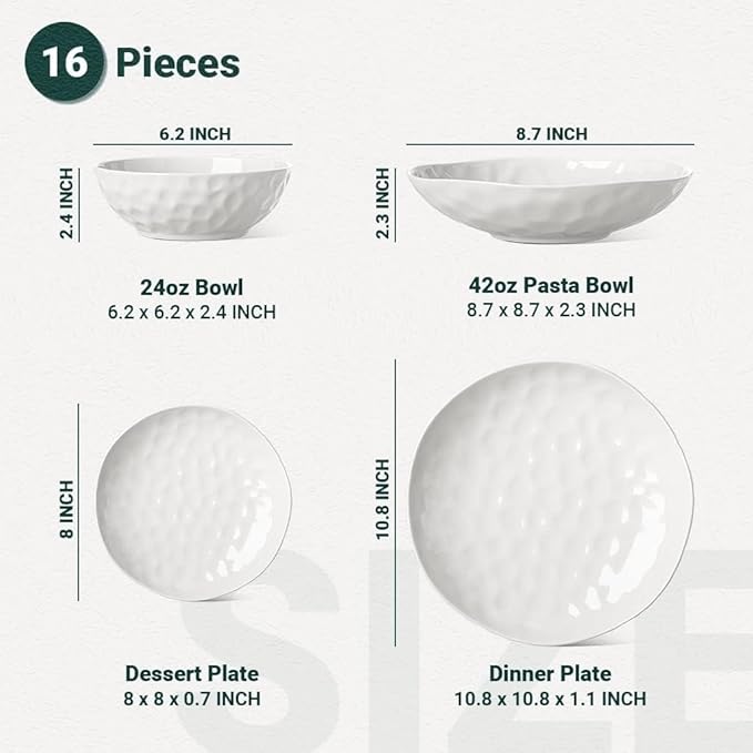 HOMBENE Large Dinnerware Set 16 Piece Service for 4, Plates and Bowls Sets, High-fired at 2372°F, for Dessert Salad and Pasta, Dishes Set w/Cereal Bowls
