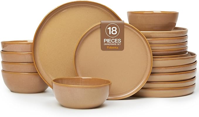 18 Piece Rustic Taupe Plates and Bowls Set,Earthy Ceramic Dinnerware Sets for 6 – Handcrafted Dish Set for Inviting Dining & Vintage Charm