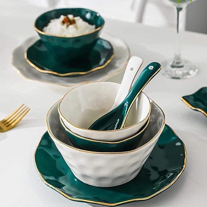 Nordic Style Tableware Set with Plates Dish and Bowls, Green White Ceramic Dinner Set with Gold for Party or Wedding Gifts, 46 Pcs Dinnerware Sets