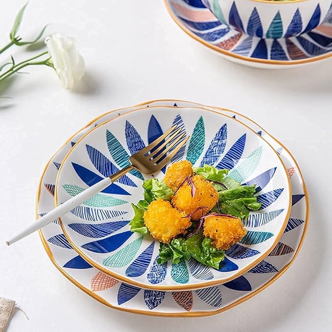 Porcelain Dinnerware Sets Plates and Bowls Sets 18 Pcs Dinnerware Sets, Hand Painted Leaf Pattern Porcelain Tableware Set with Plates and Bowls, Ceramic Dinner Set for Home Kitchen