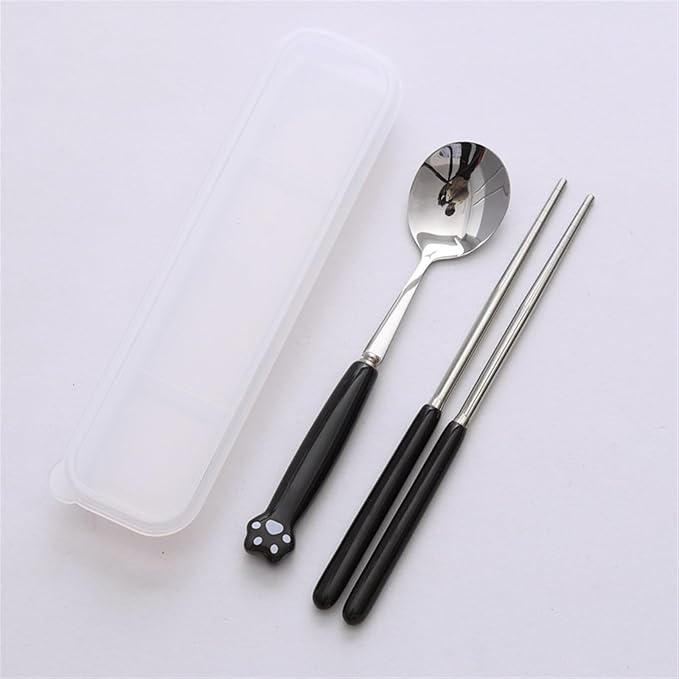 Cute Silverware Set, Cat Paw Ceramic Handle Dinnerware Set Flatware Kitchen Accessories Camping Travel Sets Fork Spoon Chopstick Portable Cutlery Sets with Case, Black Pink Blue Yellow Green