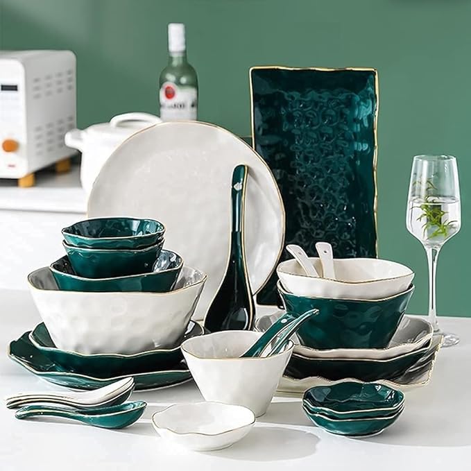 Nordic Style Tableware Set with Plates Dish and Bowls, Green White Ceramic Dinner Set with Gold for Party or Wedding Gifts, 46 Pcs Dinnerware Sets