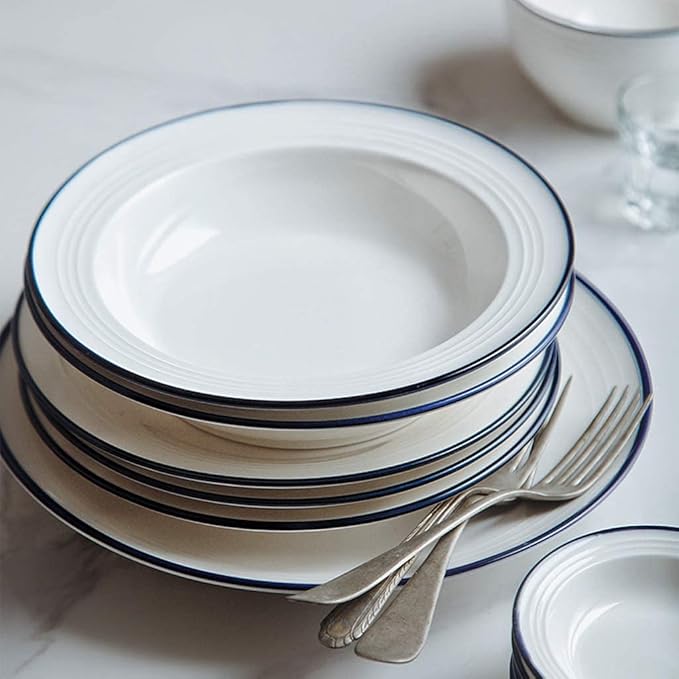 Elegant Creativity Dinnerware Set, 40 Piece Ceramics Dinner Plate - Bowl/Dish/Spoon | Pure White Blue Line Porcelain Combination Set for Restaurant Microwave Safe