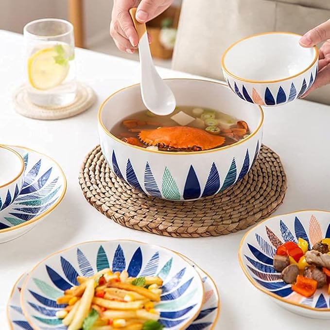 Porcelain Dinnerware Sets Plates and Bowls Sets 18 Pcs Dinnerware Sets, Hand Painted Leaf Pattern Porcelain Tableware Set with Plates and Bowls, Ceramic Dinner Set for Home Kitchen