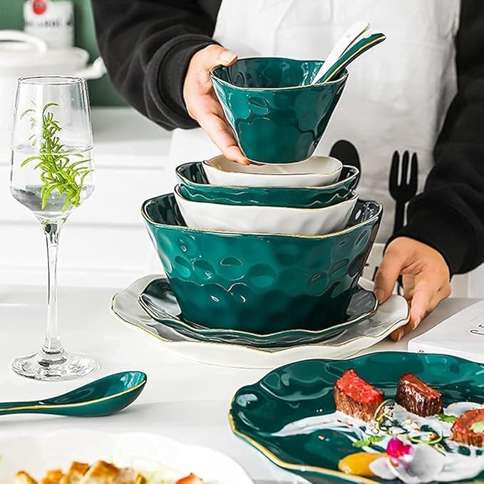 Nordic Style Tableware Set with Plates Dish and Bowls, Green White Ceramic Dinner Set with Gold for Party or Wedding Gifts, 46 Pcs Dinnerware Sets