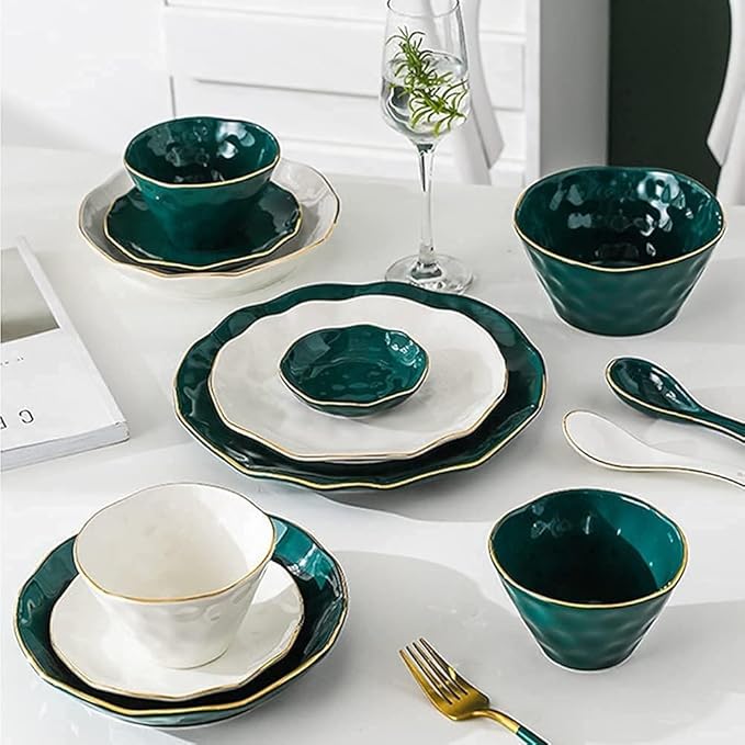 Nordic Style Tableware Set with Plates Dish and Bowls, Green White Ceramic Dinner Set with Gold for Party or Wedding Gifts, 46 Pcs Dinnerware Sets