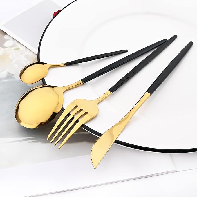 Black Gold 24Pcs Flatware Set With Stand, Lightweight Dinnerware Set Stainless Steel Cutlery With Black handles For Home Kitchen Wedding Party And Daily Use,Service For 6, Mirror Polish