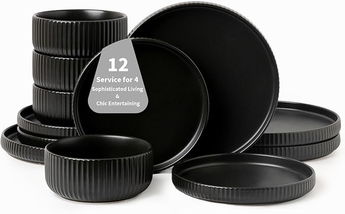 Dinnerware Sets for 4,Microwave Safe Plates and Bowls Sets,12 Piece Dylan Dish Set,Reactive Glaze Stoneware Dinnerware Set (Matte Reactive Dark Night, Service for 4 (12pcs))