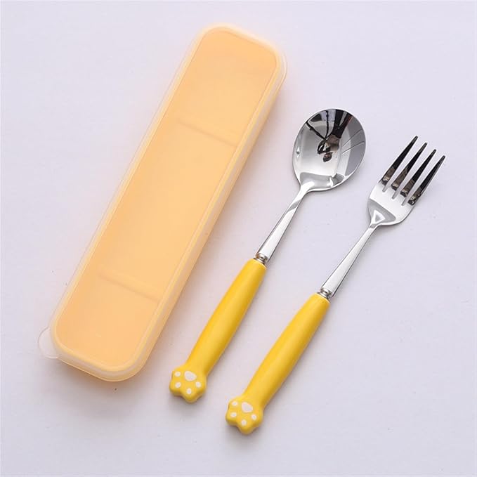 Cute Silverware Set, Cat Paw Ceramic Handle Dinnerware Set Flatware Kitchen Accessories Camping Travel Sets Fork Spoon Chopstick Portable Cutlery Sets with Case, Black Pink Blue Yellow Green