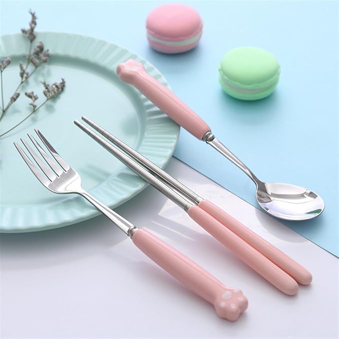 Cute Silverware Set, Cat Paw Ceramic Handle Dinnerware Set Flatware Kitchen Accessories Camping Travel Sets Fork Spoon Chopstick Portable Cutlery Sets with Case, Black Pink Blue Yellow Green