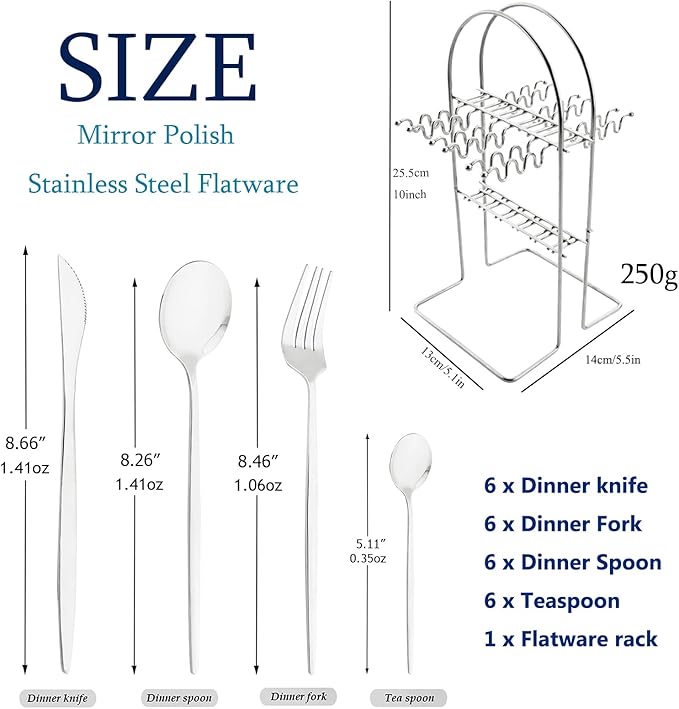 White Silver 24Pcs Flatware Set With Stand, Lightweight Dinnerware Set Stainless Steel Cutlery With White handles For Home Kitchen Wedding Party And Daily Use,Service For 6, Mirror Polish