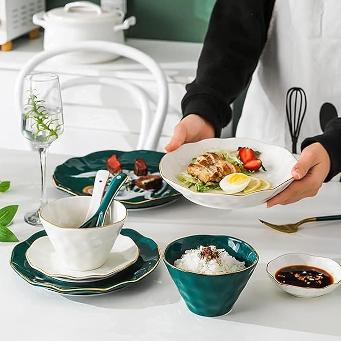 Nordic Style Tableware Set with Plates Dish and Bowls, Green White Ceramic Dinner Set with Gold for Party or Wedding Gifts, 46 Pcs Dinnerware Sets