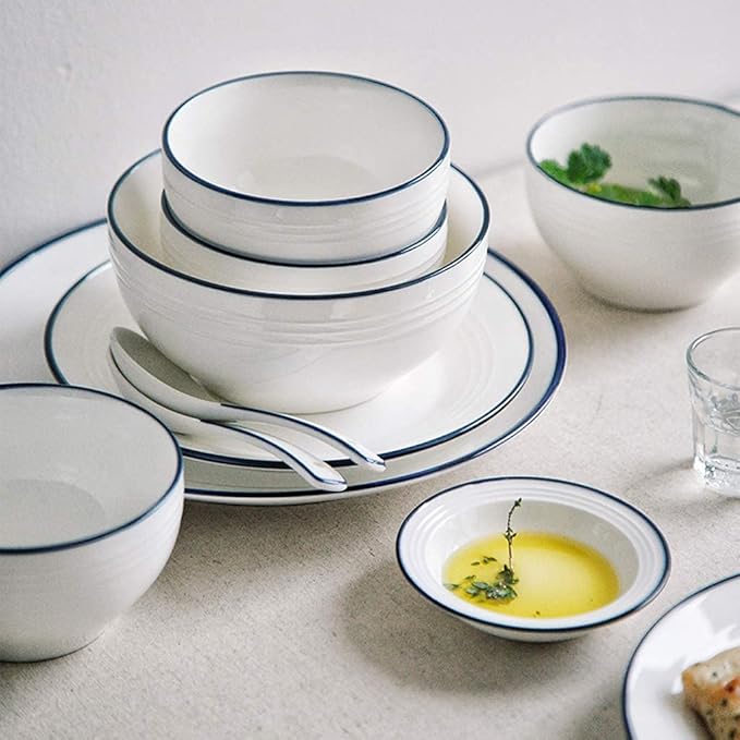 Elegant Creativity Dinnerware Set, 40 Piece Ceramics Dinner Plate - Bowl/Dish/Spoon | Pure White Blue Line Porcelain Combination Set for Restaurant Microwave Safe