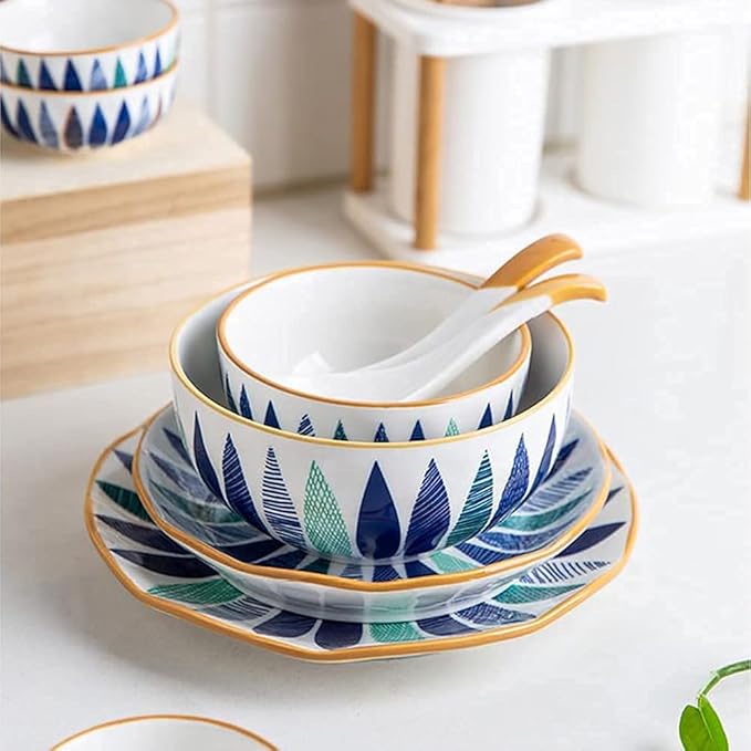 Porcelain Dinnerware Sets Plates and Bowls Sets 18 Pcs Dinnerware Sets, Hand Painted Leaf Pattern Porcelain Tableware Set with Plates and Bowls, Ceramic Dinner Set for Home Kitchen