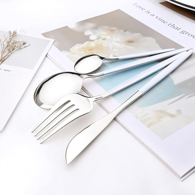 White Silver 24Pcs Flatware Set With Stand, Lightweight Dinnerware Set Stainless Steel Cutlery With White handles For Home Kitchen Wedding Party And Daily Use,Service For 6, Mirror Polish