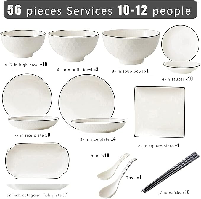 Dining Plate Set 56-Piece White Dinnerware Sets Modern European Dinner Plate and Bowl Set Table Service for 10-12 Phnom High-end Tableware Set