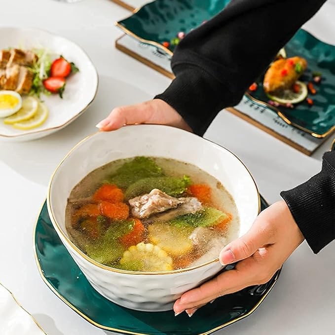 Nordic Style Tableware Set with Plates Dish and Bowls, Green White Ceramic Dinner Set with Gold for Party or Wedding Gifts, 46 Pcs Dinnerware Sets