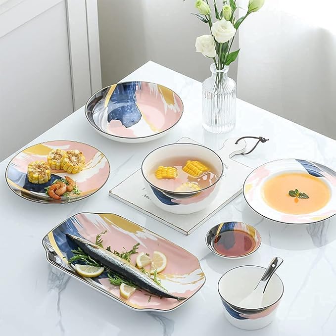 Dinnerware Sets Dish Set,23 PcssPorcelain Tableware Set with Plates Bowls and Dish,Color Flower Ceramic Dinner Set for Home Kitchen and Dinning