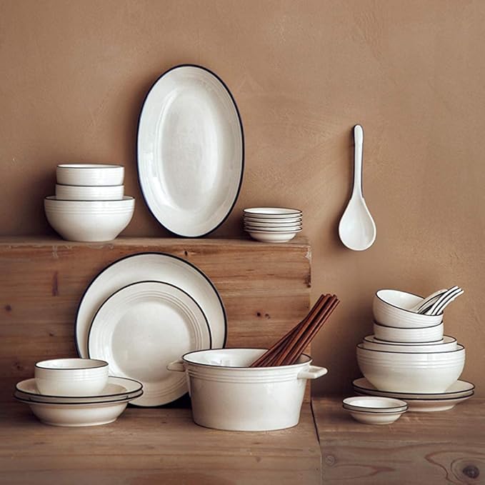 Elegant Creativity Dinnerware Set, 40 Piece Ceramics Dinner Plate - Bowl/Dish/Spoon | Pure White Blue Line Porcelain Combination Set for Restaurant Microwave Safe