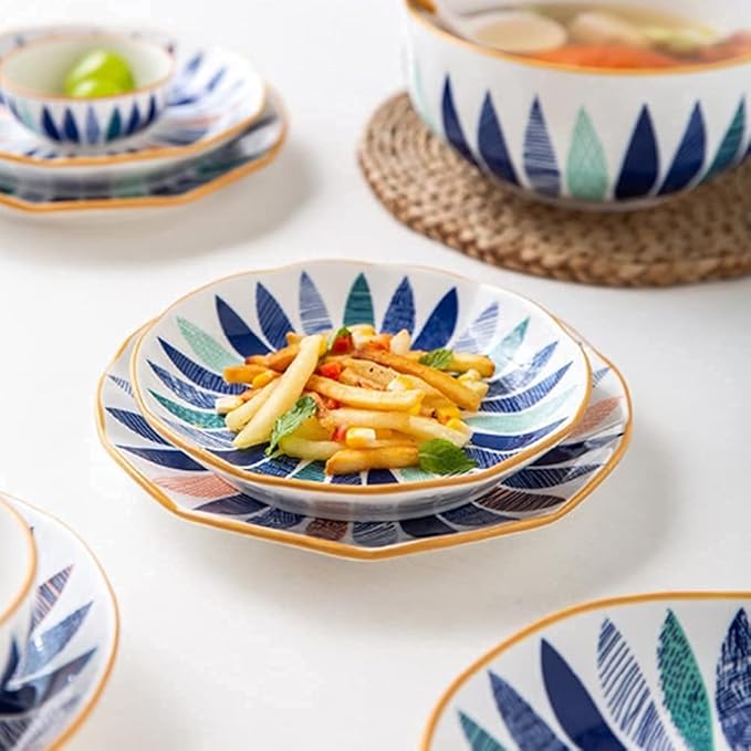 Porcelain Dinnerware Sets Plates and Bowls Sets 18 Pcs Dinnerware Sets, Hand Painted Leaf Pattern Porcelain Tableware Set with Plates and Bowls, Ceramic Dinner Set for Home Kitchen