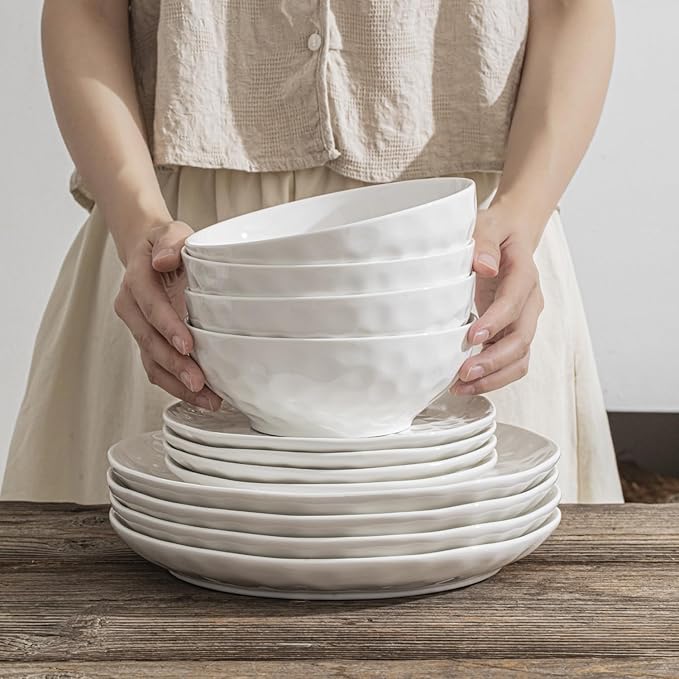 HOMBENE Large Dinnerware Set 16 Piece Service for 4, Plates and Bowls Sets, High-fired at 2372°F, for Dessert Salad and Pasta, Dishes Set w/Cereal Bowls