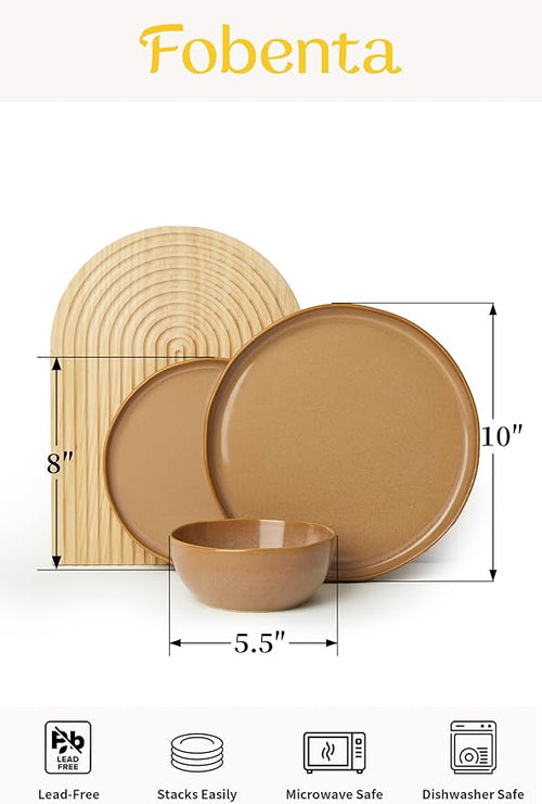 18 Piece Rustic Taupe Plates and Bowls Set,Earthy Ceramic Dinnerware Sets for 6 – Handcrafted Dish Set for Inviting Dining & Vintage Charm