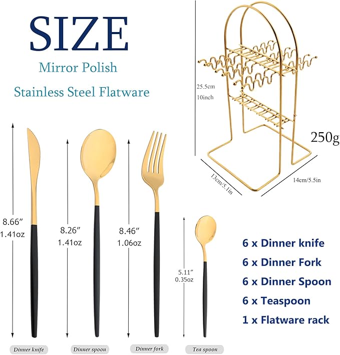 Black Gold 24Pcs Flatware Set With Stand, Lightweight Dinnerware Set Stainless Steel Cutlery With Black handles For Home Kitchen Wedding Party And Daily Use,Service For 6, Mirror Polish