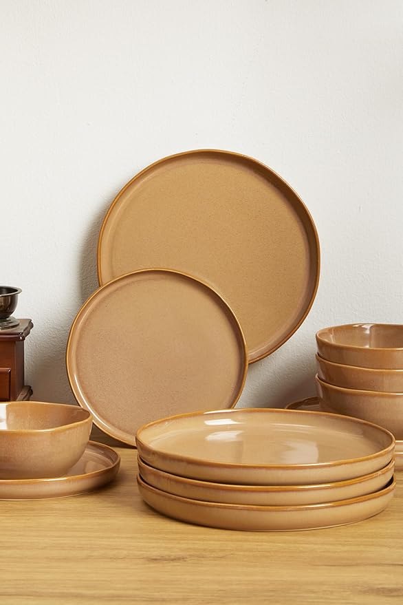 18 Piece Rustic Taupe Plates and Bowls Set,Earthy Ceramic Dinnerware Sets for 6 – Handcrafted Dish Set for Inviting Dining & Vintage Charm