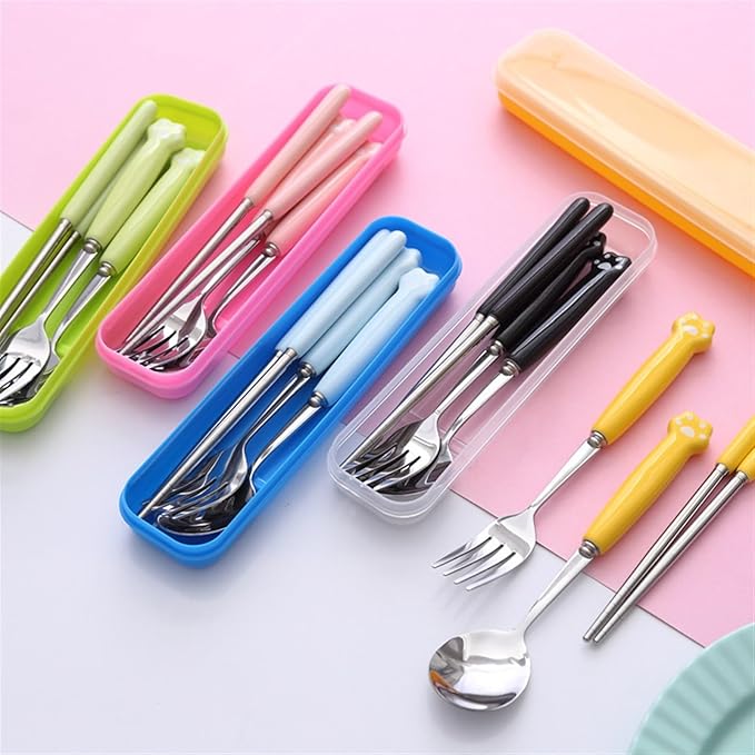 Cute Silverware Set, Cat Paw Ceramic Handle Dinnerware Set Flatware Kitchen Accessories Camping Travel Sets Fork Spoon Chopstick Portable Cutlery Sets with Case, Black Pink Blue Yellow Green