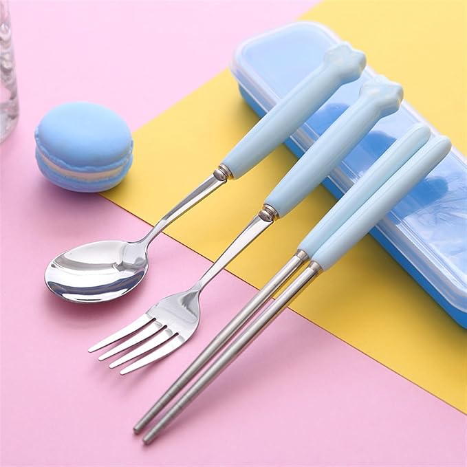 Cute Silverware Set, Cat Paw Ceramic Handle Dinnerware Set Flatware Kitchen Accessories Camping Travel Sets Fork Spoon Chopstick Portable Cutlery Sets with Case, Black Pink Blue Yellow Green