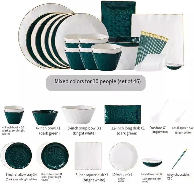 Nordic Style Tableware Set with Plates Dish and Bowls, Green White Ceramic Dinner Set with Gold for Party or Wedding Gifts, 46 Pcs Dinnerware Sets