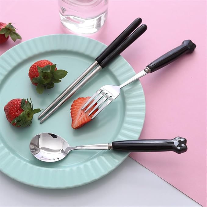 Cute Silverware Set, Cat Paw Ceramic Handle Dinnerware Set Flatware Kitchen Accessories Camping Travel Sets Fork Spoon Chopstick Portable Cutlery Sets with Case, Black Pink Blue Yellow Green