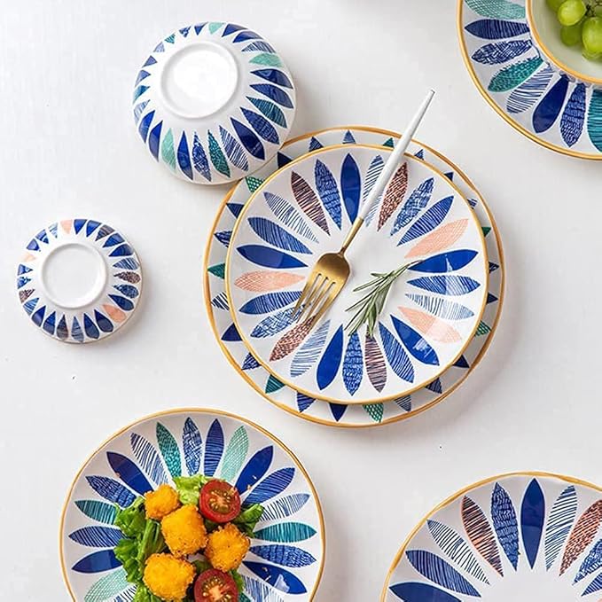 Porcelain Dinnerware Sets Plates and Bowls Sets 18 Pcs Dinnerware Sets, Hand Painted Leaf Pattern Porcelain Tableware Set with Plates and Bowls, Ceramic Dinner Set for Home Kitchen