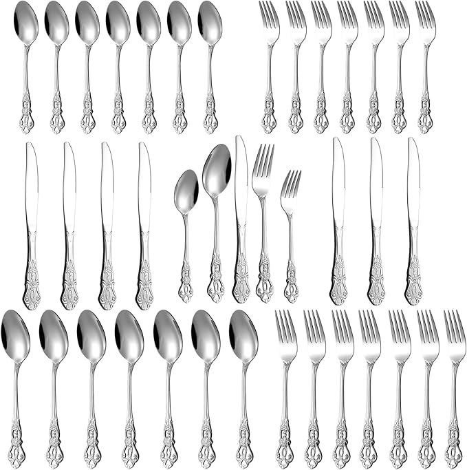 40 Pieces Retro Royal Silverware Set for 8, Stainless Steel Flatware Set, Dishwasher Safe Dinnerware Set Including Forks Spoons and Knives, Vintage Cutlery Set for Wedding, Party and Christmas