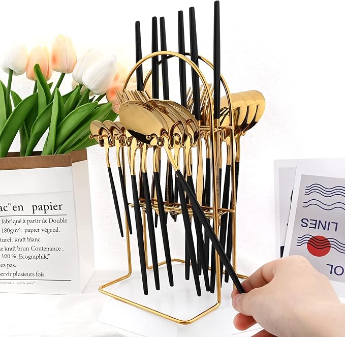 Black Gold 24Pcs Flatware Set With Stand, Lightweight Dinnerware Set Stainless Steel Cutlery With Black handles For Home Kitchen Wedding Party And Daily Use,Service For 6, Mirror Polish