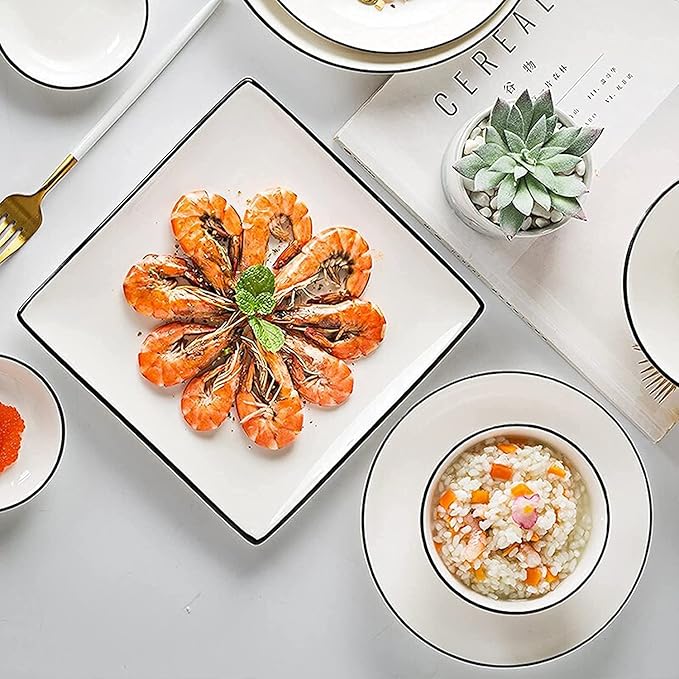 Dining Plate Set 56-Piece White Dinnerware Sets Modern European Dinner Plate and Bowl Set Table Service for 10-12 Phnom High-end Tableware Set