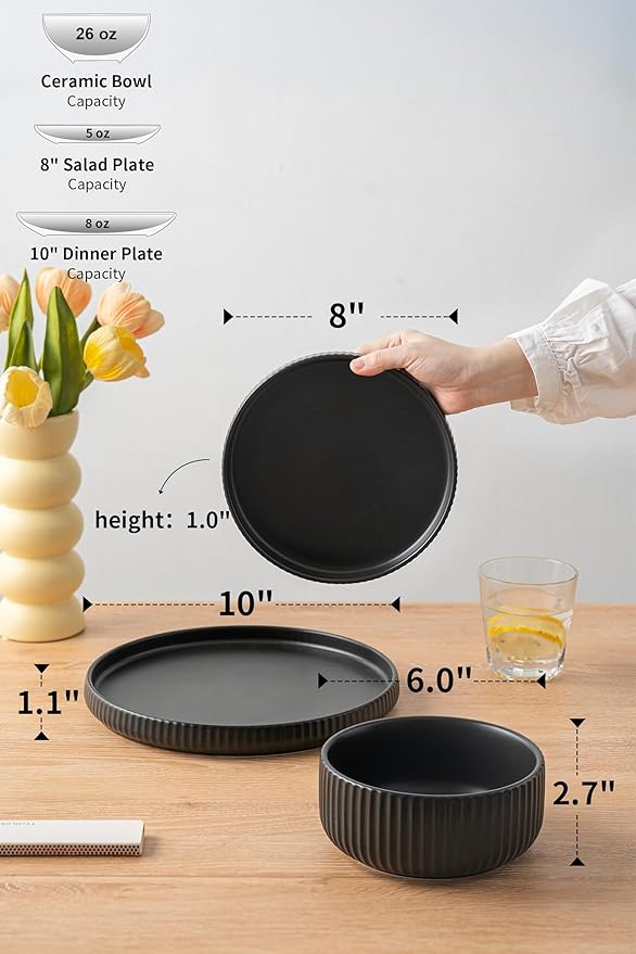 Dinnerware Sets for 4,Microwave Safe Plates and Bowls Sets,12 Piece Dylan Dish Set,Reactive Glaze Stoneware Dinnerware Set (Matte Reactive Dark Night, Service for 4 (12pcs))