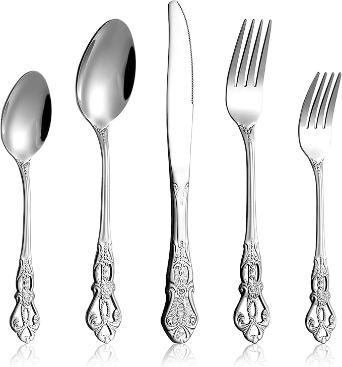 40 Pieces Retro Royal Silverware Set for 8, Stainless Steel Flatware Set, Dishwasher Safe Dinnerware Set Including Forks Spoons and Knives, Vintage Cutlery Set for Wedding, Party and Christmas