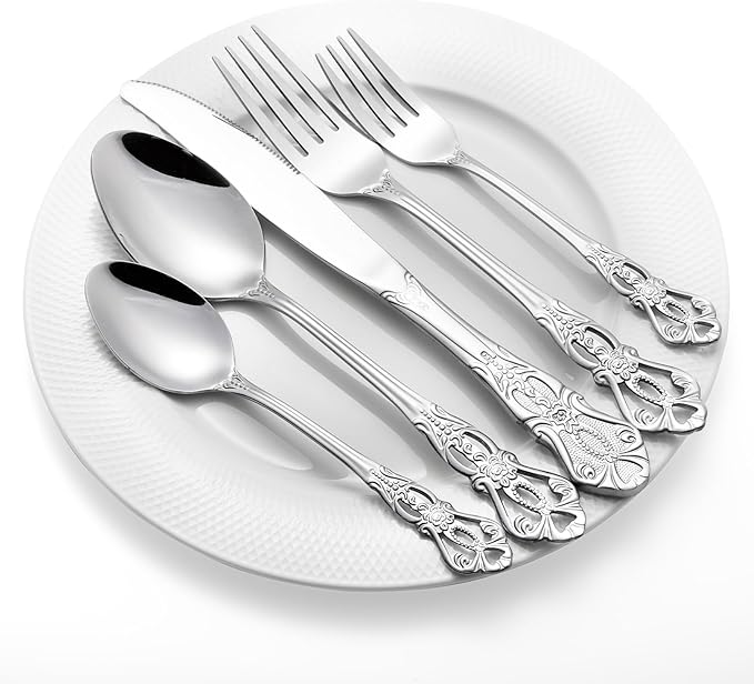 40 Pieces Retro Royal Silverware Set for 8, Stainless Steel Flatware Set, Dishwasher Safe Dinnerware Set Including Forks Spoons and Knives, Vintage Cutlery Set for Wedding, Party and Christmas