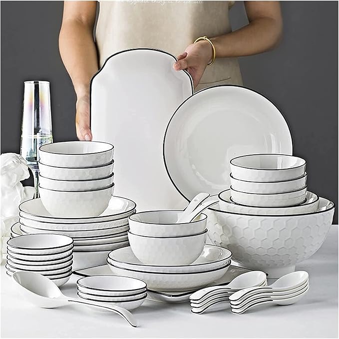 Dining Plate Set 56-Piece White Dinnerware Sets Modern European Dinner Plate and Bowl Set Table Service for 10-12 Phnom High-end Tableware Set