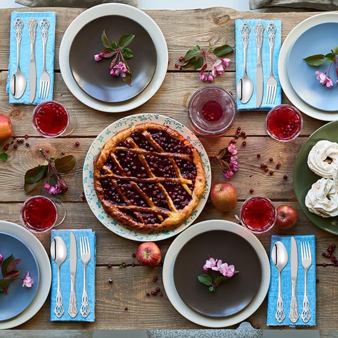 40 Pieces Retro Royal Silverware Set for 8, Stainless Steel Flatware Set, Dishwasher Safe Dinnerware Set Including Forks Spoons and Knives, Vintage Cutlery Set for Wedding, Party and Christmas