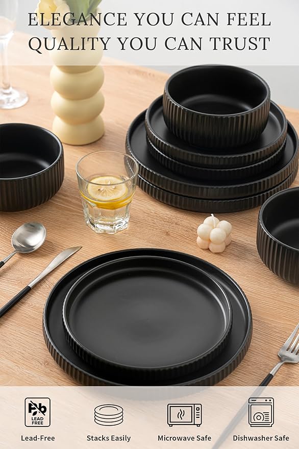 Dinnerware Sets for 4,Microwave Safe Plates and Bowls Sets,12 Piece Dylan Dish Set,Reactive Glaze Stoneware Dinnerware Set (Matte Reactive Dark Night, Service for 4 (12pcs))