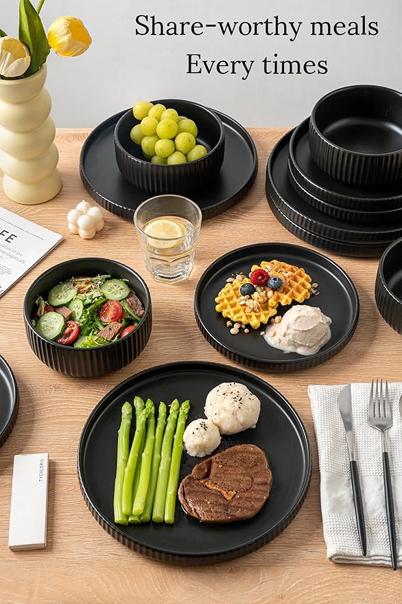 Dinnerware Sets for 4,Microwave Safe Plates and Bowls Sets,12 Piece Dylan Dish Set,Reactive Glaze Stoneware Dinnerware Set (Matte Reactive Dark Night, Service for 4 (12pcs))