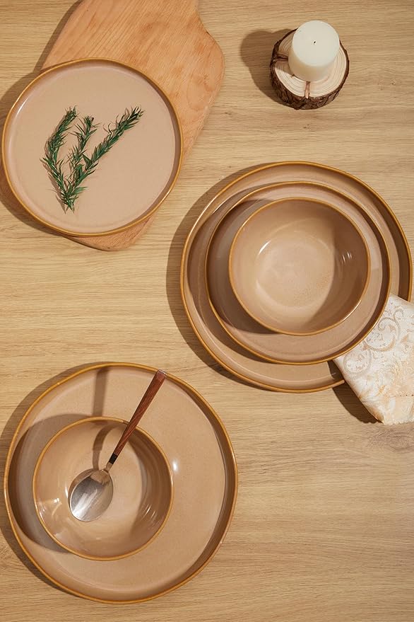 18 Piece Rustic Taupe Plates and Bowls Set,Earthy Ceramic Dinnerware Sets for 6 – Handcrafted Dish Set for Inviting Dining & Vintage Charm
