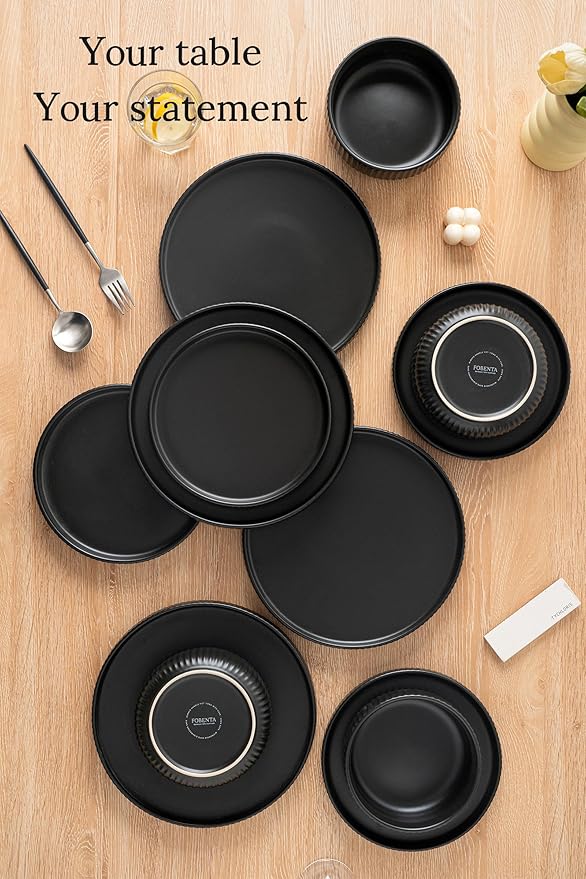 Dinnerware Sets for 4,Microwave Safe Plates and Bowls Sets,12 Piece Dylan Dish Set,Reactive Glaze Stoneware Dinnerware Set (Matte Reactive Dark Night, Service for 4 (12pcs))